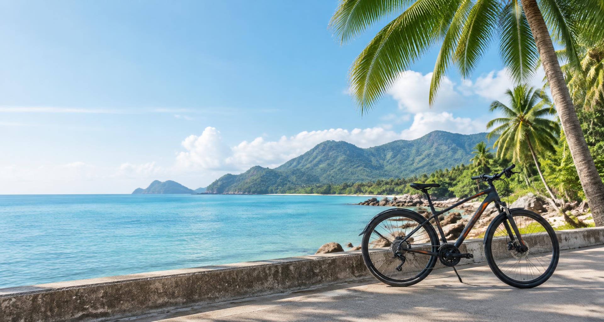 A bicycle beside the turquoise sea and palms on Koh Samui